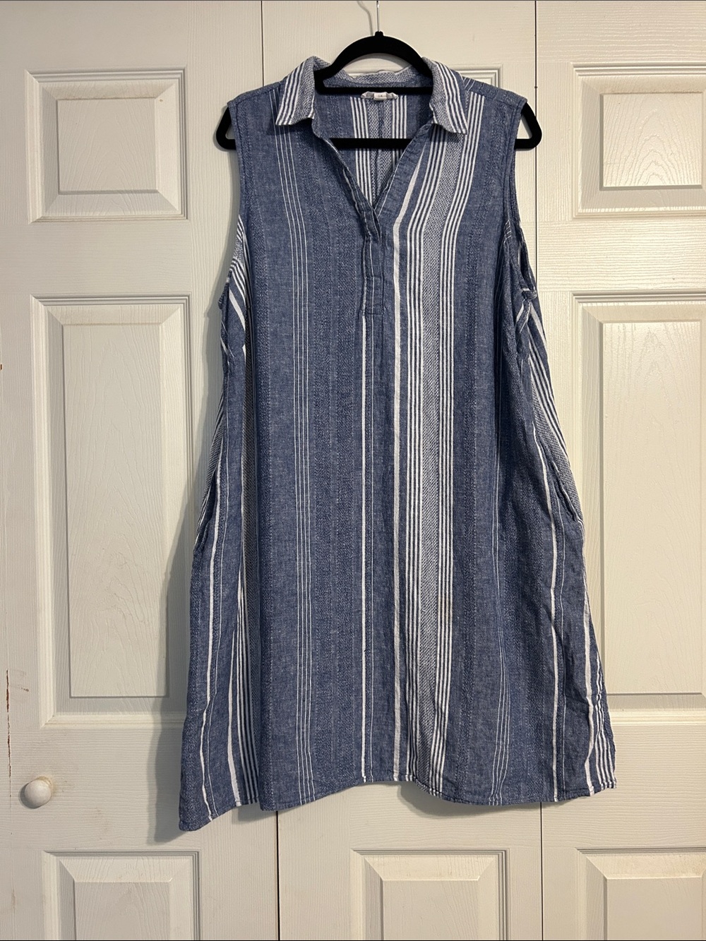 BEACH LUNCH LOUNGE Navy White Striped Sleeveless Collared Tunic Dress 1X Linen